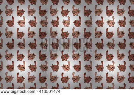 Seamless Pattern. Cute Graphical Cats Print. Use For Textiles, Wallpaper, Desing, Trendy Prints On C