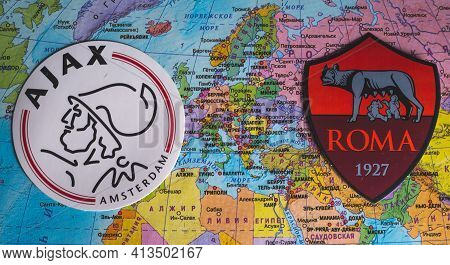 March 21, 2021, Gdansk, Poland. The Emblems Of The Participants In The Uefa Europa League Quarter-fi