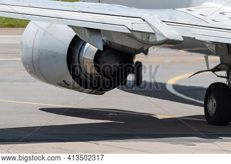 Turbofan Jet Engine Under The Wing Of A Modern Narrow-body Passenger Aircraft.