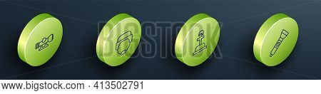 Set Isometric Line Sniper Optical Sight, Military Helmet, Soldier Grave And Flashlight Icon. Vector