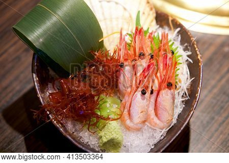 Amaebi, Sweet Shrimp Or Spot Prawns, Served On Ice With Red Algae Seaweed, Green Tosaka Nori And Fre