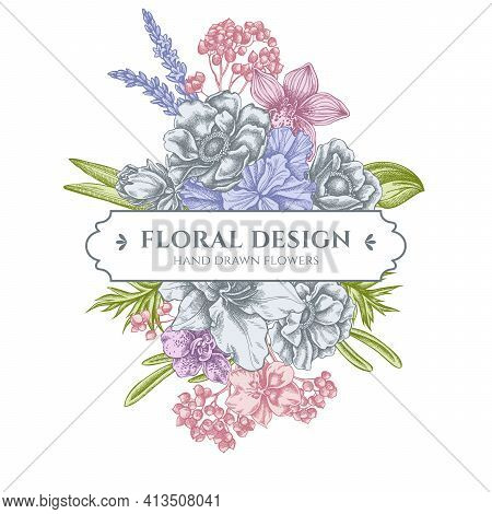Floral Bouquet Design With Pastel Anemone, Lavender, Rosemary Everlasting, Phalaenopsis, Lily, Iris 