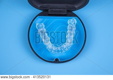 Invisalign Transparent Braces In A Plastic Case. Orthodontic Invisible Retainers And Aligners