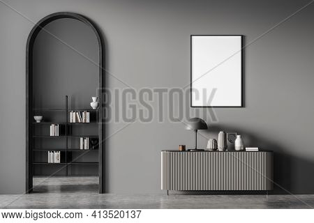 Modern Dark Colors Living Room Interior With Arch And Blank Framed Poster On Grey Wall. Chest Of Dra