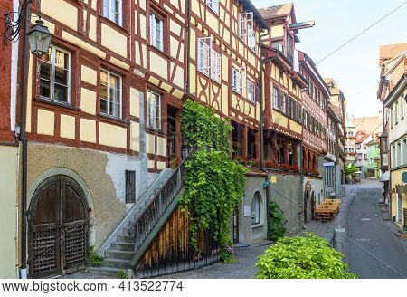 Meersburg City In Baden-wurttemberg, Germany, Europe. Panorama Of Street And German Half-timbered Ho