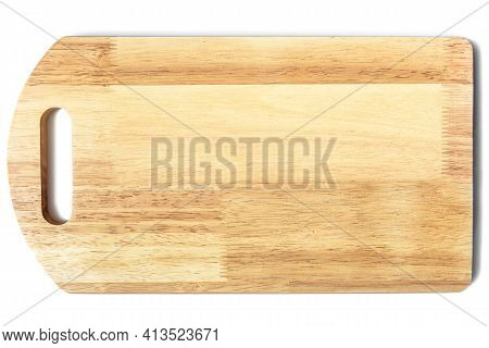 Wooden Cut Board Isolated On White Background, Top View Of New Cutting Board Made From Glued Planks.