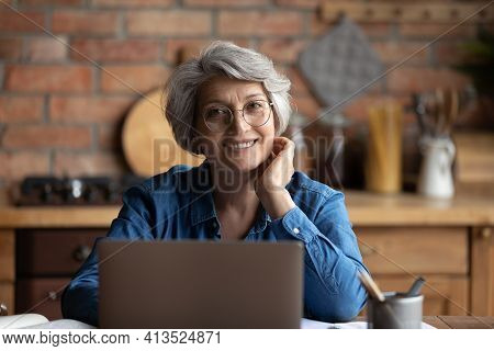Happy Senior Hispanic Female Use Laptop Work Study Distantly