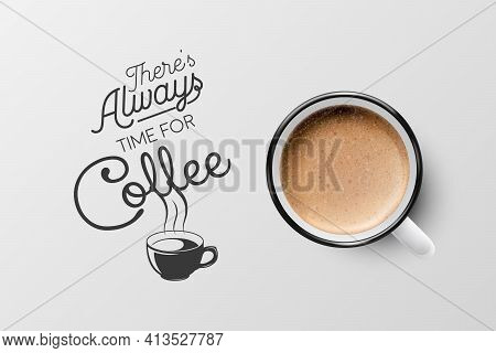 Vector 3d Realistic White Metal Enamel Mug With Foam Coffee - Capuccino, Latte - Isolated. Coffee Cu