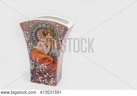 Bratislava, Slovakia - March 21, 2021: Illustration Of Woman By Alphonse Mucha On A Vase