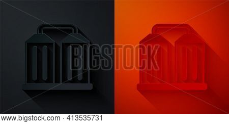 Paper Cut Granary Icon Isolated On Black And Red Background. Silo With Grain, Elevator, Granary, Fac
