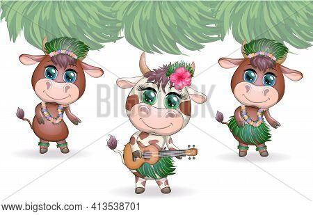 Tropical New Year 2021, Celebration. Group Of Cows And Bulls As Hula Dancers With Acoustic Ukulele G