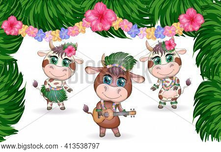 Tropical New Year 2021, Celebration. Group Of Cows And Bulls As Hula Dancers With Acoustic Ukulele G
