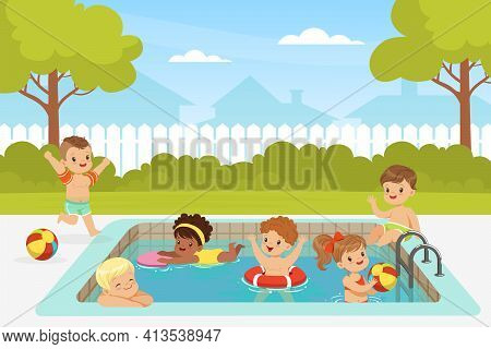 Excited Kids In Swimming Pool Splashing In Water Enjoying Summer Leisure Activity Vector Illustratio
