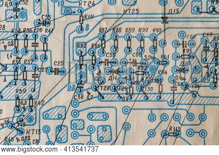 Old Radio Circuit Printed On Vintage Paper Electricity Diagram As Background For Education, Electric