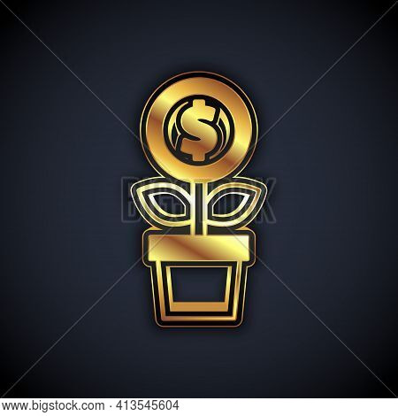 Gold Dollar Plant Icon Isolated On Black Background. Business Investment Growth Concept. Money Savin