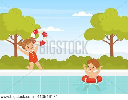 Excited Boy And Girl In Swimming Pool Splashing In Water Enjoying Summer Leisure Activity Vector Ill