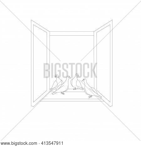 Doves On Open Window Monochrome Sketch Art Design Stock Vector Illustration For Web, For Print