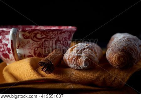 Fartons, Typical Pastries From Valencia, Spain, With Hot Chocolate, In A Chinese Ceramic Container O
