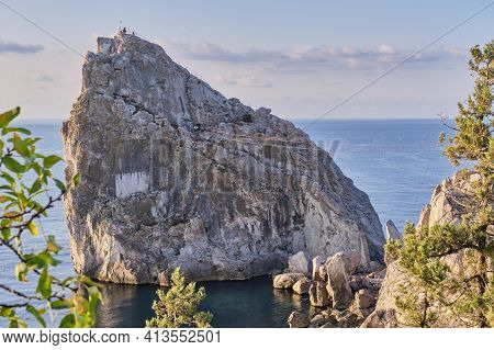 Rock Diva, The Black Sea Coast Near Yalta, Crimea. People Walk On The Suspension Bridge, Climb To Th