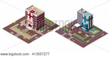 Set Of Isometric Hospital And Ambulance Building Mockup With Signage, Helicopter Pad And Transportat