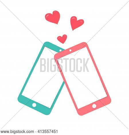 Two Smartphones With Hearts In Love. Distant Romantic Relationships Over The Phone. Vector Isolated 