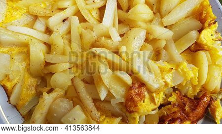 Gratin Casserole Of Potatoes Baked In Baking Dish With Eggs And Golden Crust. Rustic Authentic Recip