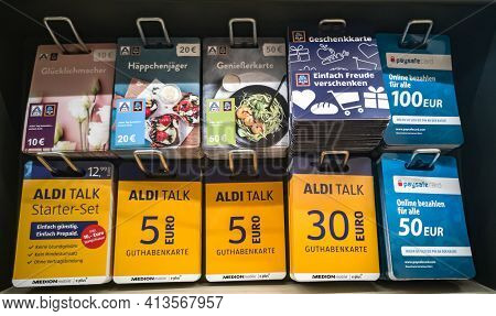 Wetzlar; Germany - 2020.07.31: Aldi, Aldi Talk Gift Certificates In A Shop