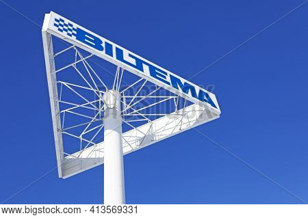 Umea, Norrland Sweden - March 9, 2021: A Very High Advertising Pillar For The Company Biltema