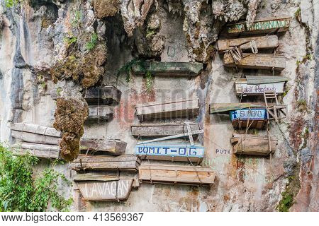 Sagada, Philippines - January 23, 2018: Hanging Coffins In Sagada Village On Luzon Island, Philippin