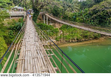 Bohol, Philippines - Feb 11, 2018: View Of Sipatan Twin Hanging Bridge Over Loboc River On Bohol Isl