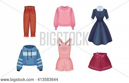Women Wear With Sleeved Sweater, Hoody And Dress Vector Set