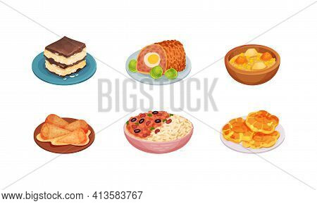 Cuban Food With Rolled Meat Of Forcemeat And Rice Vector Set