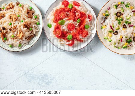 Konjac Pasta With Various Vegan Toppings, Overhead Flat Lay Shot