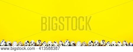 Easter Spring Background With Egg. Spotted Quail Eggs On A Yellow Background On The Lower Border Of 