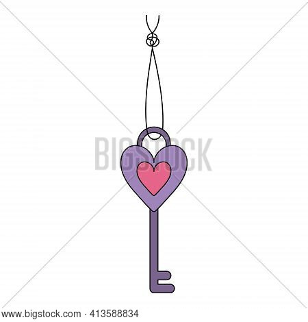The Key In The Shape Of A Heart Hangs On A Thread With A Knot. Colored Vector Illustration. Hanging 