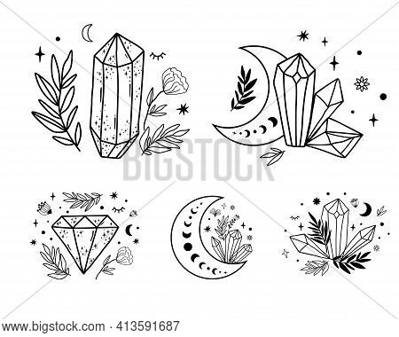Celestial Set. Moon Crystal Set. Cute Magic Celestial Crystals, Stars, Flowers, Leaves. Mystical Moo