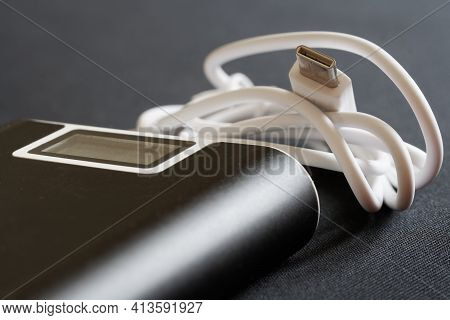 Large And Capacious External Battery - Power Bank With Display, Cable And Usb Type-c Plug. Modern En