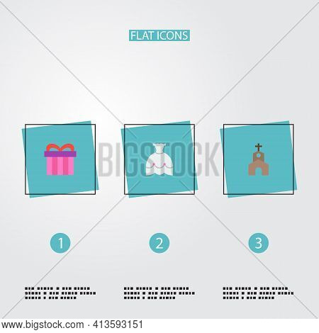 Set Of Wedding Icons Flat Style Symbols With Bride Dress, Gift, Church And Other Icons For Your Web 