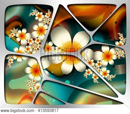 3d Illustration Of Creative Fractal Artwork Combined With Silver Voroni Metal Plate Embellishment