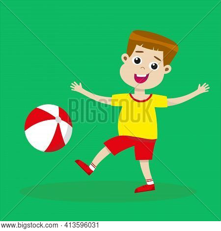 Cute Boy Playing With Ball. Smiling Kid With Beachball. Happy Childhood Concept. Summer Activities. 