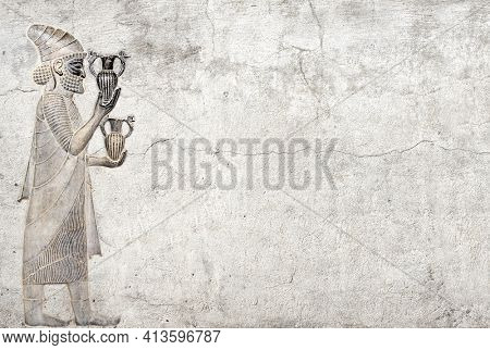 Ancient wall with bas-relief with foreign ambassador with gift and donations, Persepolis, Iran. Horizontal background with embossed image persian bearded man. Mock up template. Copy space for text