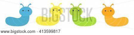 Caterpillar Insect Icon Set Line. Cute Crawling Bug. Cartoon Kawaii Funny Baby Animal Character. Smi