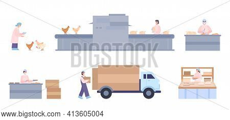 Chicken Meat Producing Factory Or Plant Set Cartoon Vector Illustration Isolated.