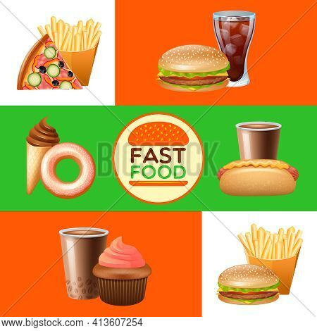 Fast Food Restaurant Menu With Pizza And Hot Djg Flat Horizontal Banners Set Abstract Isolated Vecto