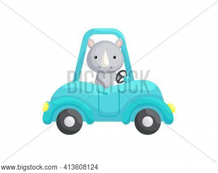 Cute Little Rhino Driving Turquoise Car. Cartoon Character For Childrens Book, Album, Baby Shower, G