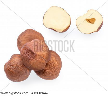 Hazelnuts Isolated On White Background. Top View. Flat Lay. Creative Layout With Hazelnuts