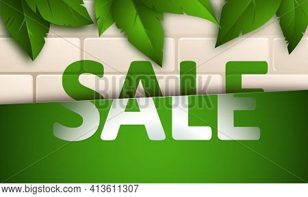 Sale Banner On Beige Brick Wall Background With Green Leaves. Template Design For Posters, Flyers, B
