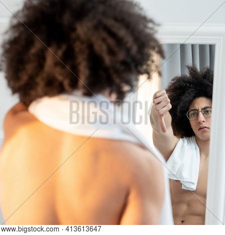 Unhappy Man. Body Shaming. Low Self-esteem. Dissatisfied Handsome Shirtless Guy In Eyeglasses Long B