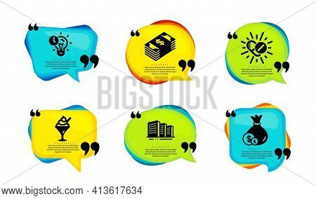 Medical Drugs, Time Management And Usd Currency Icons Set. Buildings, Ice Cream And Cash Signs. Vect