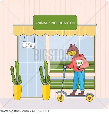 Animal With Notebook In Hand Rides Scooter Near Kindergarten. Cartoon Nursery School With Sign Open